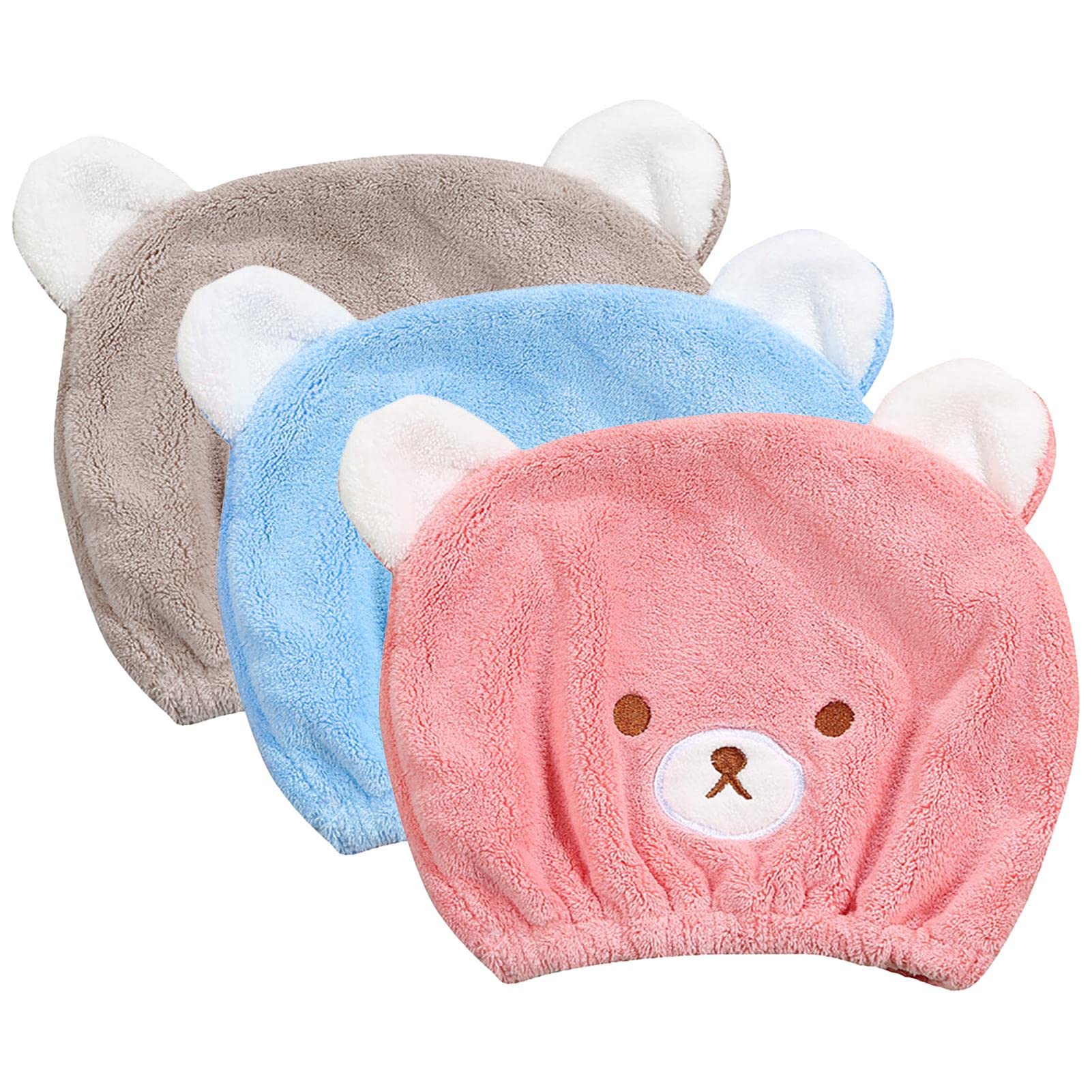 3 Pcs Bear Hair Towel Wrap - Absorbent Microfibre Turban With Cute Embroidery for Quick Drying - Head Cap for Bath, Shower, Washing, Spa - Kids