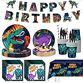 202 Pcs Dinosaur Birthday Party Supplies for 25 Guests – Complete Dino Tableware Set with Plates, Cups, Napkins, Cutlery, Straws & Tablecloth plus Bonus Checkers Game Party Decorations