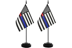 TRENDPOW USA Thin Red and Blue Line Police Desk Flag, 2 Pack American Policeman Table Office Flags, Small Mini Desktop Flag With 12" Solid Black Pole, Black Base, Police Celebration Event, Desk Decoration (Red
