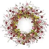 Yawwind 20 Inches Farmhouse Valentine's Day Wreath Romantic Valentines Wreaths for Front Door Rustic Valentines Door Wreath with Red Pink Heart Berry Cherry for Window Wall Wedding Porch Indoor