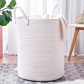 MOJOSCEND 62L Pure White Woven Hamper Laundry Basket Cotton Rope Blanket Basket for Living Room 20 inches Tall Clothes Hamper for Baby Nursery Kids in Bedroom