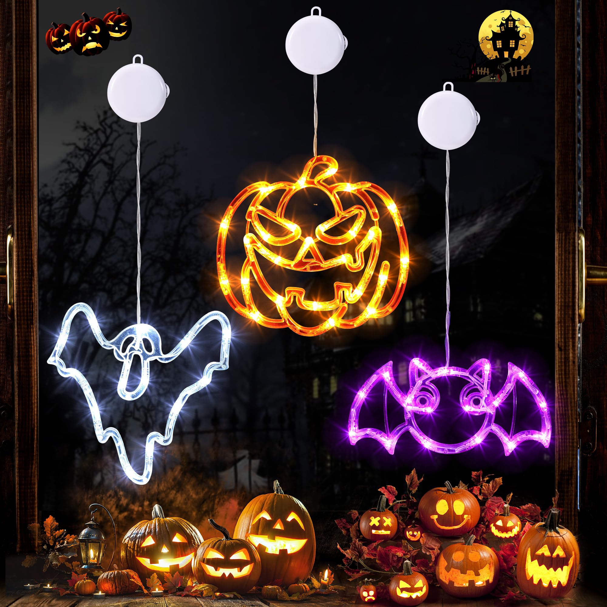 Photo 1 of Joomer Halloween Window Lights, Purple Bat, Orange Pumpkin, White Ghosts, Battery Operated Halloween Lights Decorations with Suction Cup and Timer Functions, 3 Pack(Batteries not Included)