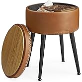 VASAGLE EKHO Collection - Storage Ottoman, Vanity Chair Stool, Synthetic Leather with Stitching, Mid-Century Modern, Round Storage Seat with Steel Legs, Loads 330 lb, Caramel Brown ULOM005K01