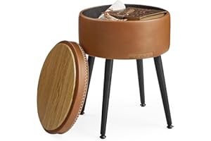 VASAGLE EKHO Collection - Storage Ottoman, Vanity Chair Stool, Synthetic Leather with Stitching, Mid-Century Modern, Round St