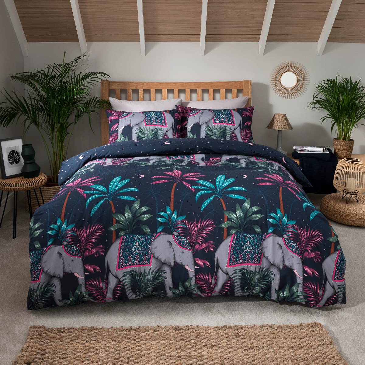 Sleepdown Jungle Elephant Navy Blue Pink Reversible Night Sky Duvet Cover Quilt and Pillow Cases Bedding Set Soft Easy Care - Navy, King (230 cm x 220 cm)