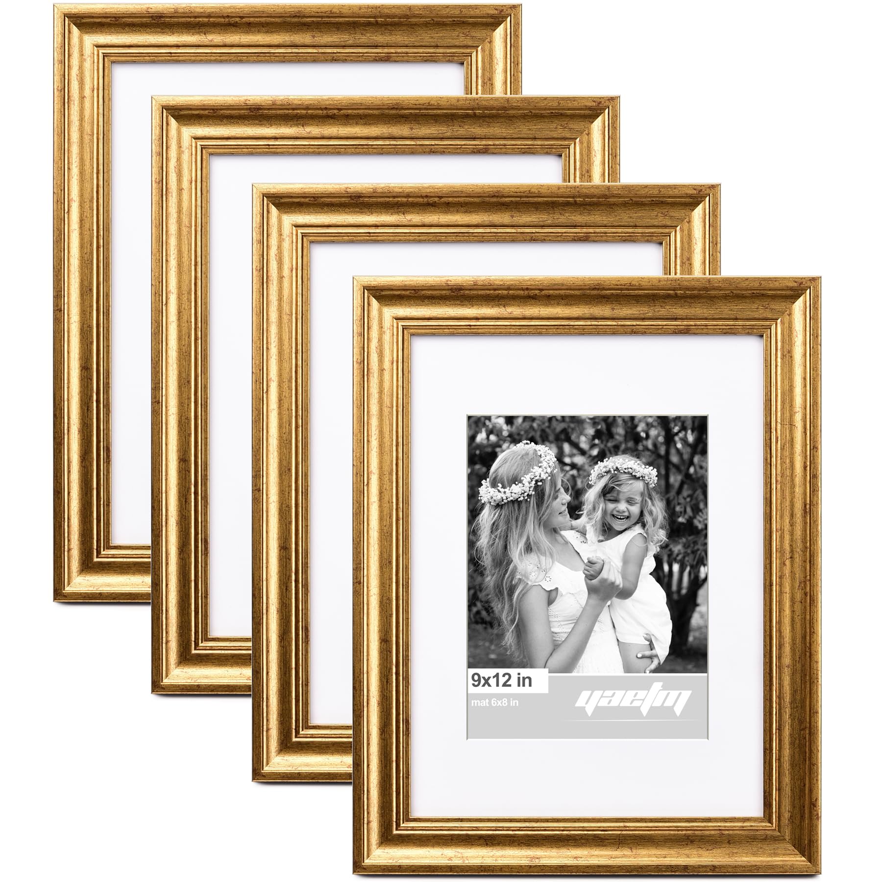 Photo 1 of Yaetm Gold 9x12 Picture Frame Matted to 6x8 Set of 4, 1.4” Wide Molding & Rustic Gold Photo Frames 9 x 12 with Tempered Glass, Display on Tabletop & Wall Mounting, 4 Pack