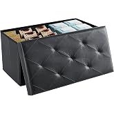 DUMOS 30 Inch Folding Storage Ottoman Bench, Hidden Ottoman with Storage | Storage Chest with Padded Seat, End of Bed Foot Rest Stool for Bedroom Living Room, Load 660 lbs, Synthetic Leather, Black