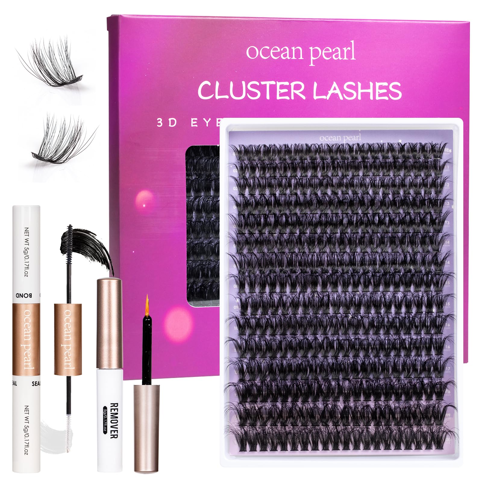 Ocean Pearl Cluster Lashes 10-20mm 200D 300PCS Eyelashes DIY Lash Clusters Kit Individual Lashes Cluster Eyelash Extensions Natural Eyelashes Extension Kit with Super Bond+Seal+Remover+Tweezer-200D