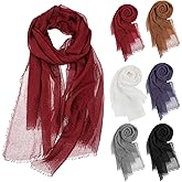 Yuanan 6 Pcs Linen Scarf Bulk, Soft Cotton Blend Shawl Crinkle Hijab 71 x 37 Inch Large Headscarf Scarves with Fringed Edges Women's Hijab Shawl for All Seasons (6 Colors)