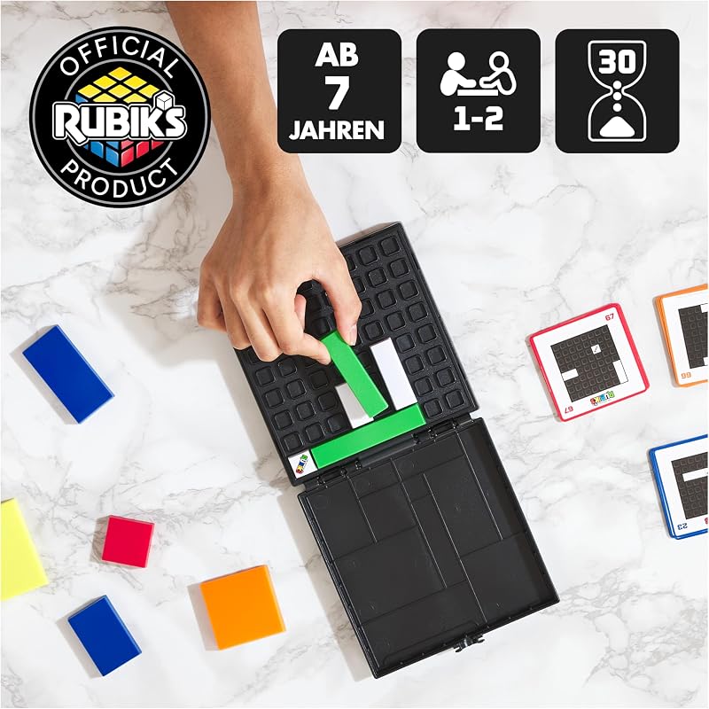 Rubik’s Gridlock, spannendes Knobelspiel mit 88 Aufgabenkarten, 4 Verschiedene Schwierigkeitsgrade, praktische Box für unterwegs, für 1 und mehr Spieler*Innen ab 7 Jahren
