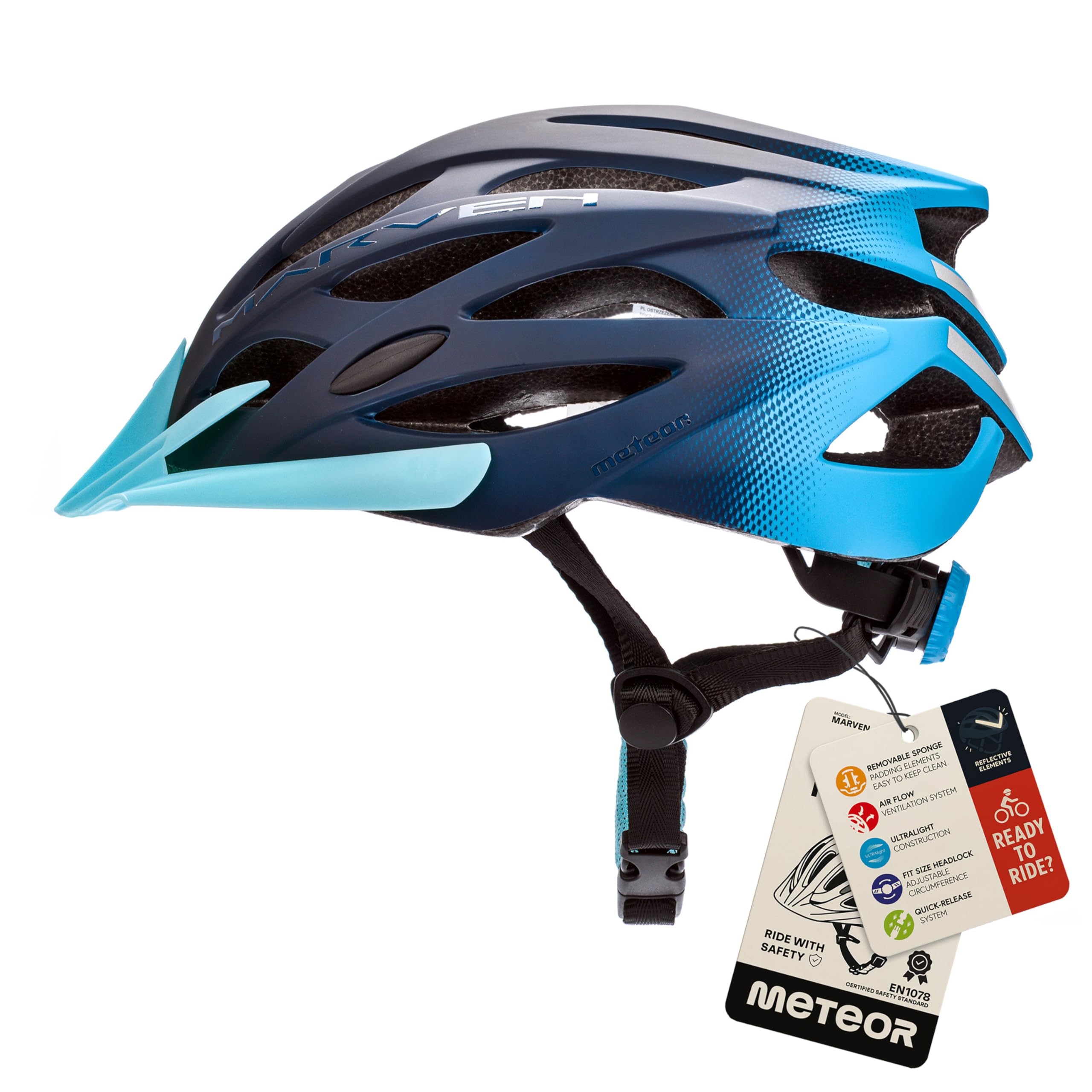 Meteor - MARVEN Cycle Helmet – Lightweight Adjustable Helmet for Men, Women, Kids – MTB, Bike, Scooter, Skateboard & Hoverboard – Breathable with Detachable Visor - Size S - Navy Blue/Blue