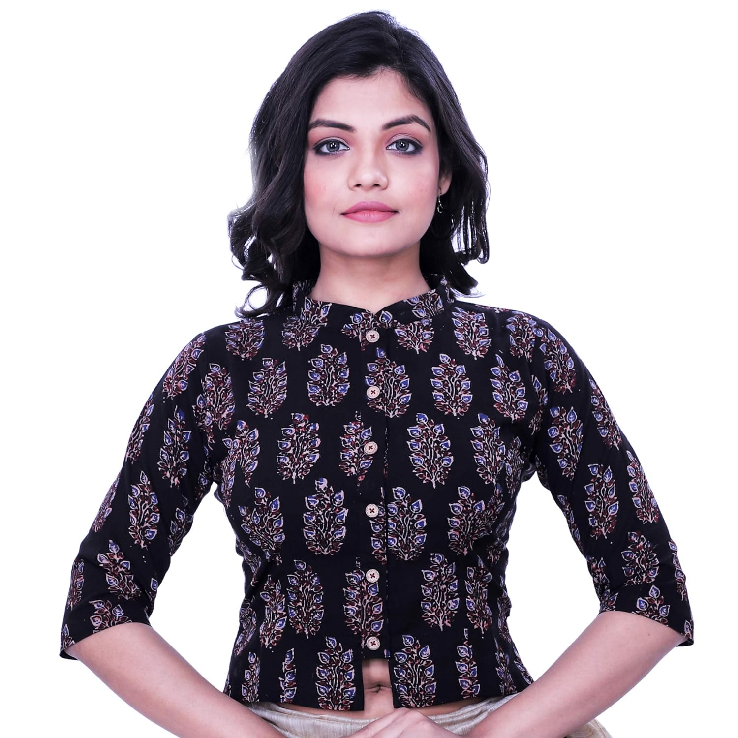 black cotton ajrakh printed blouse (t-005273)