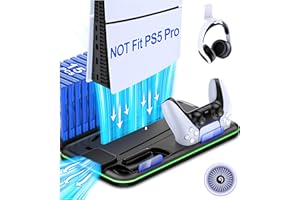 KICKDOT PS5/PS5 Slim Stand and Cooling Station with Controller Charging Station for Playsation 5, PS5 Accessories Kit Incl. 3 Levels Cooling Fan, LED, 15 Game Slot, Headset Holder for PS5 Digital/Disc Console