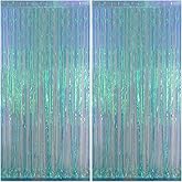 Melsan Iridescent Blue Fringe Backdrop Party Streamer Decorations - 3.2 x 6.5 ft Tinsel Backdrop Foil Curtains for Gender Reveal Under The Sea Ocean Theme Birthdays Parties - 2 Packs