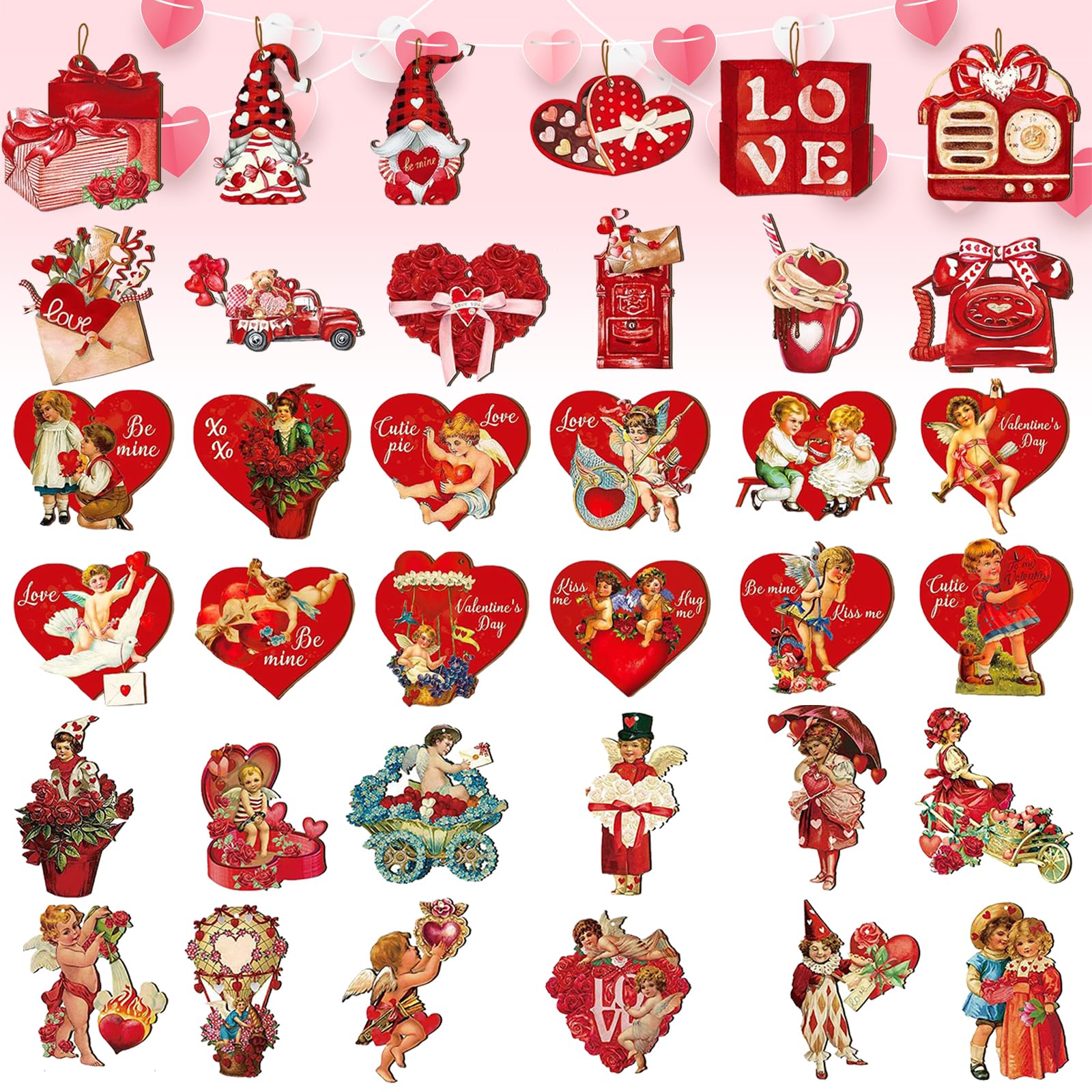 BDSHUNBF 36PCS Valentine's Wooden Decoration - Vintage Hanging Ornaments for Valentine's Day & Wedding Anniversary