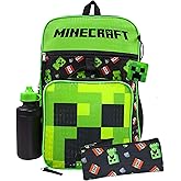 Minecraft Creeper Backpack Set | Boys TNT 5 Piece Gamer Rucksack | Pencil Case, Bottle & Lunchbag Included | Unleash Adventure, Black, Schoolbag Set