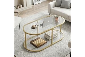 Wolawu Coffee Table Gold Glass Coffee Table for Living Room,2 Tiers Oval Center Table with Sturdy Metal Frame,Modern Tempered