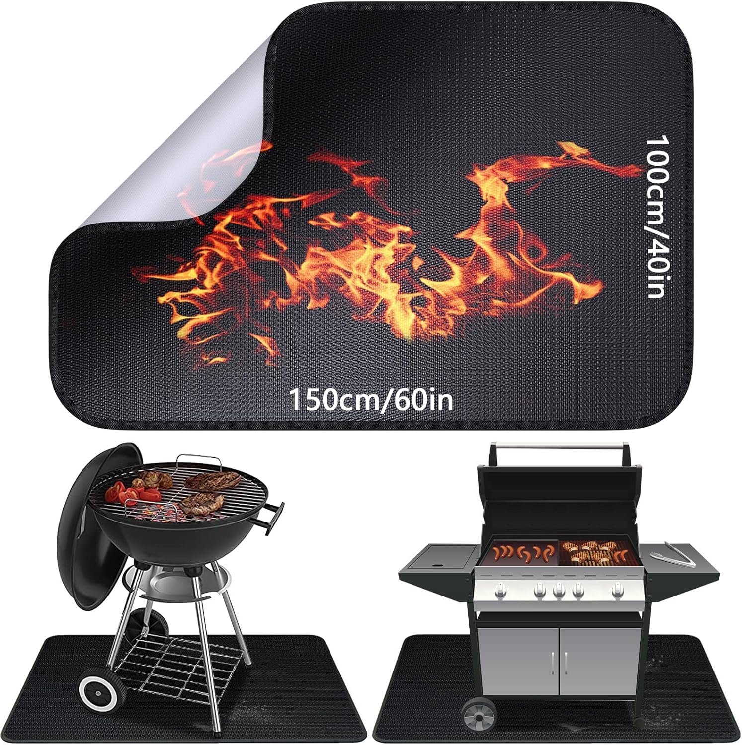 Alckijy BBQ Grill Mat - Heavy Duty Degree Non-Stick Grill Mats for Outdoor Grilling,100*150cm Outdoor BBQ Grill Fireproof Mat,Grass Protection Mats,Fire Pit Mat for Decking,Indoor Fireplace Fire Mat