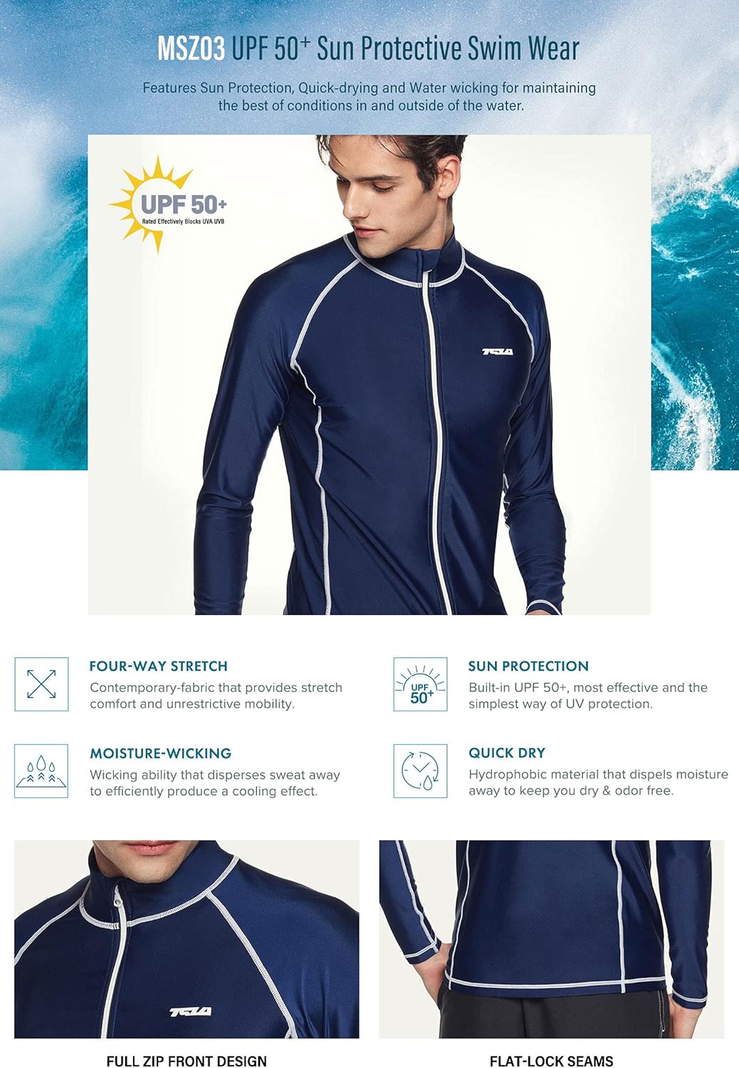 TSLA Men's Long Sleeve Zip Rash Guard, UPF50+ UV/Sun Protection Quick Dry Swim Shirts: Clothing