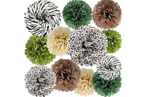 ANSOMO Jungle Safari Tissue Paper Pom Poms Wild Animal Leopard Zebra Print Cheetah Party Decorations Sage Green Brown Flowers Wall Hanging Décor Table Centerpieces Supplies Birthday Bridal Baby Shower