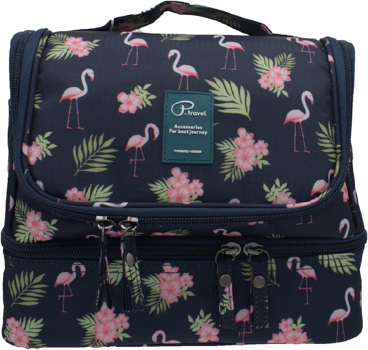 Hanging Travel Toiletry Bag Women Flamingo Waterproof Toiletries Bag Girls Toilet Bag Wash Bag Organizer Makeup Pouch Cosmetic Bag with Hanging Hook/Handles/Compartments (Flamingo-navy blue big)