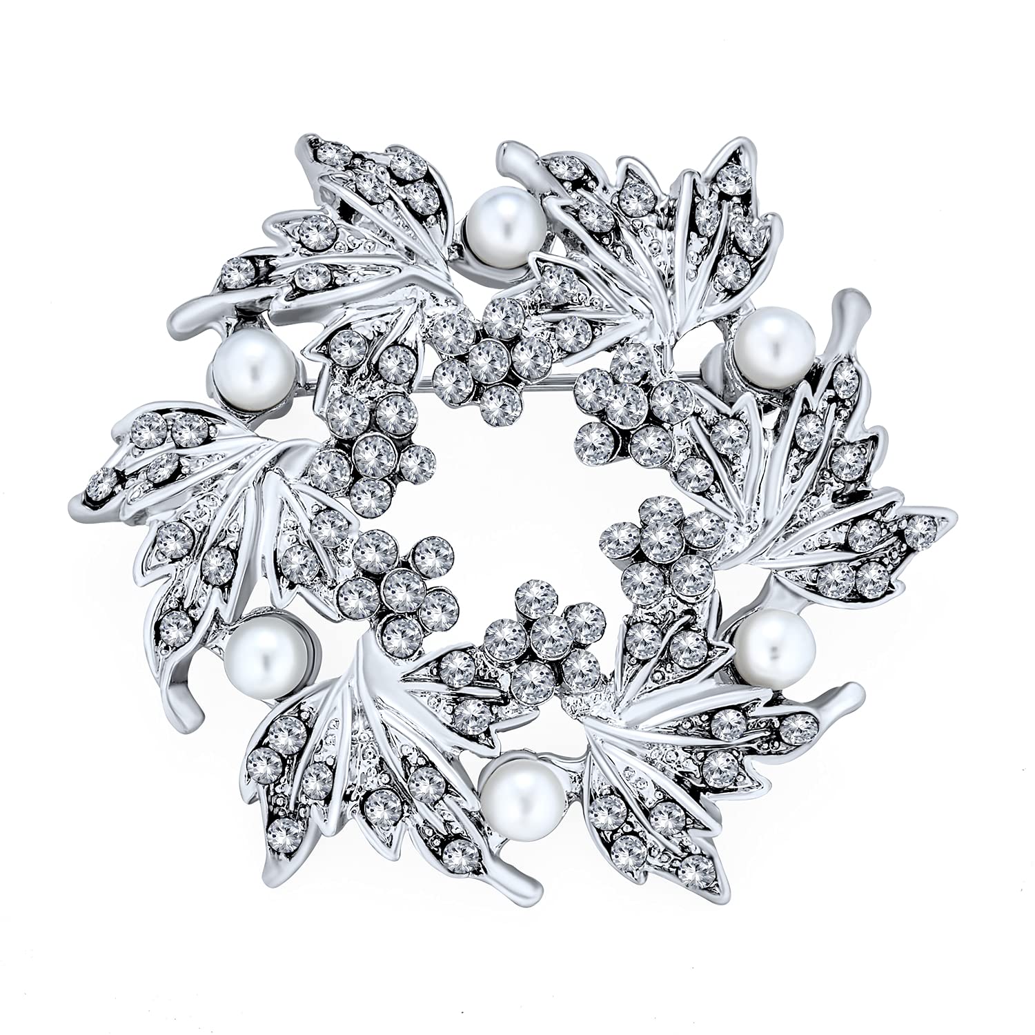 Elegant Bridal Holiday Party Crystal Round White Simulated Pearl Wreath Circle Scarf Brooch Pin For Women Wedding