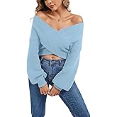 Sixstar V Neck Batwing Cute Cropped Sweater for Women Cross Wrap Front Sexy Lightweight Soft Knitted Short Pullover Jumper