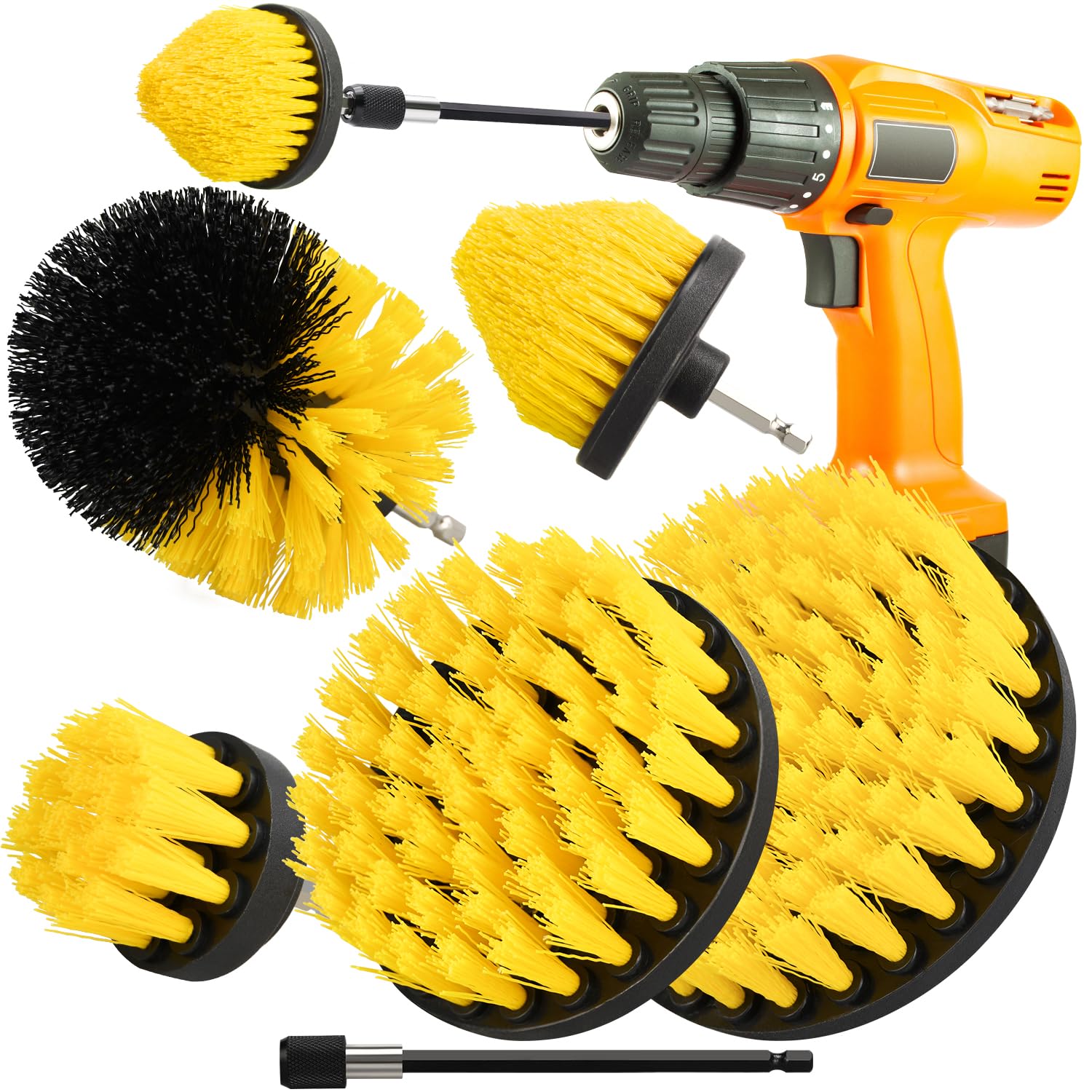 6pcs Drill Brush Attachment Set, 5pcs Scrubber Brushes with 1pcs Extend Long Attachment, Drill Scrub Brush for Cleaning Shower, Tub, Bathroom (6pcs)