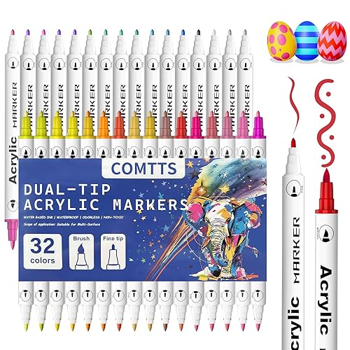 32 Colouring Pens Markers - Dual Tips, Acrylic Paint Pens Markers for Adult Coloring Books Multi-Surface, Rock Painting, Canvas, Wood, Fabric, Glass, DIY Crafts & Art Supplies