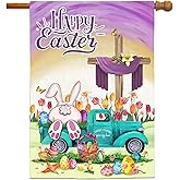 Bonsai Tree Easter Flag, Easter Flags 28 x 40 Double Sided, Happy Bunny Eggs Truck Yard for Outside Home Decor