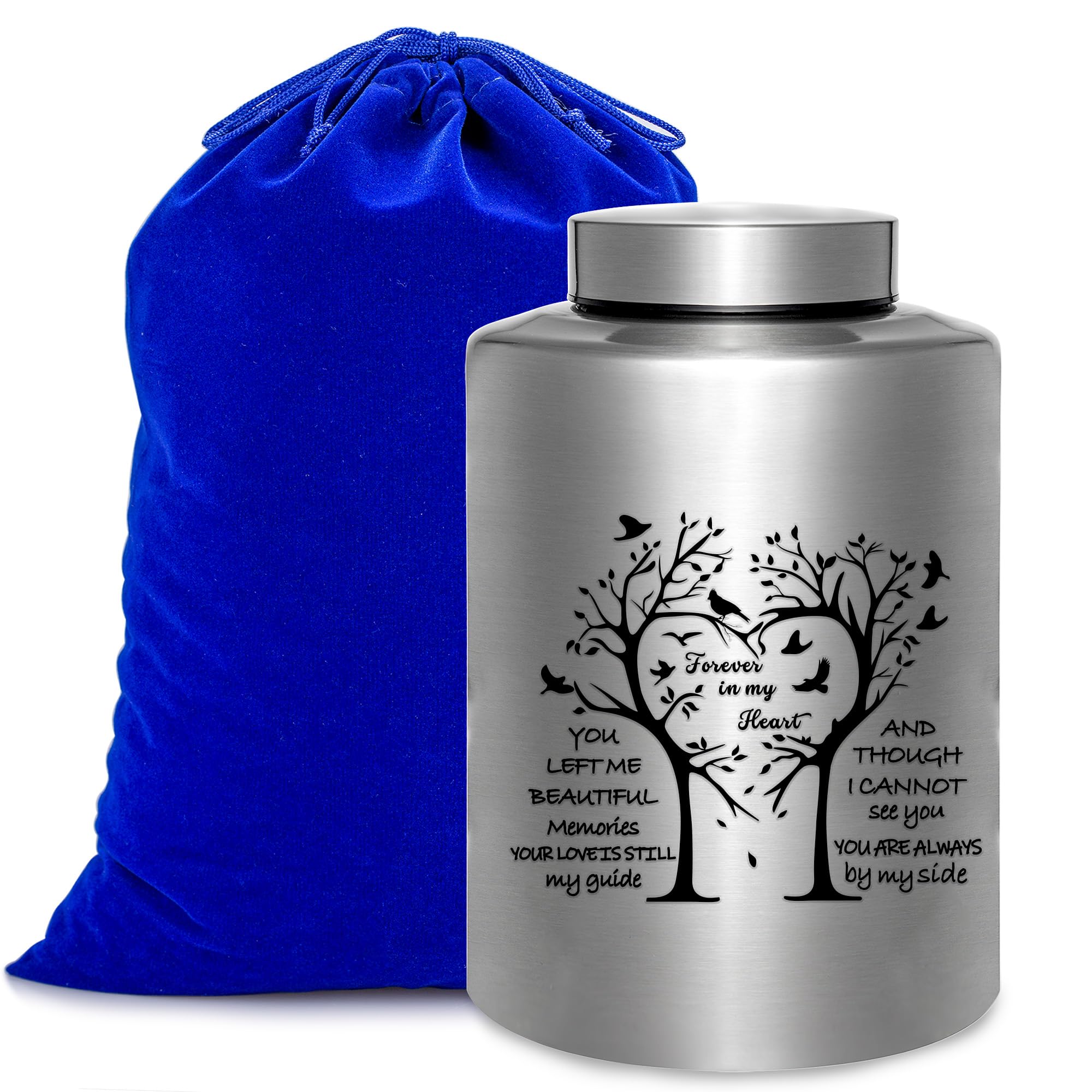 Gredstar Silver Cremation Urn for Adult Ashes - Medium Memorial Urns with Velvet Bag, Funeral Ashes Holder, Love Tree Decorative Keepsake Urn