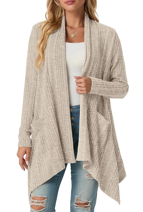 GRECERELLE Womens Cardigans Ribbed Knit Long Sleeve Lightweight Fall Winter Casual Shawl Collar Irregular Hem Cardigan for Ladies with Pockets (Beige, S)