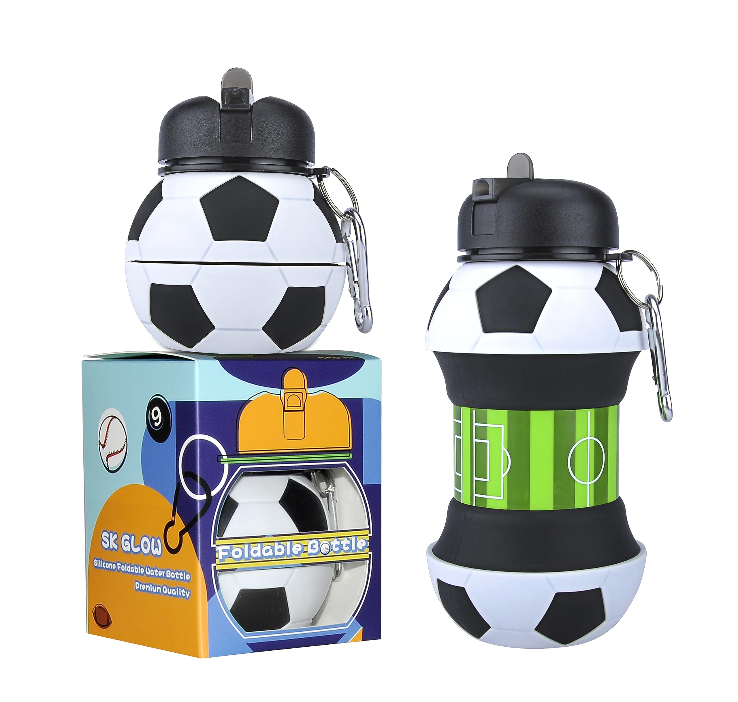 SK Glow Soccer Water Bottle, Football Water Bottle, Unique Gift for all age, Collapsible, Leakproof, water bottles, BPA Free, 550ml