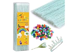 Iuuidu Pipe Cleaners Chenille Stem, 300PCS Glitter Pipe Cleaners Craft Supplies, Fuzzy Sticks Pipe Cleaner Brush with 100PCS Glitter Pom Poms for DIY Art Creative Craft Decorations (Dazzling Colors)