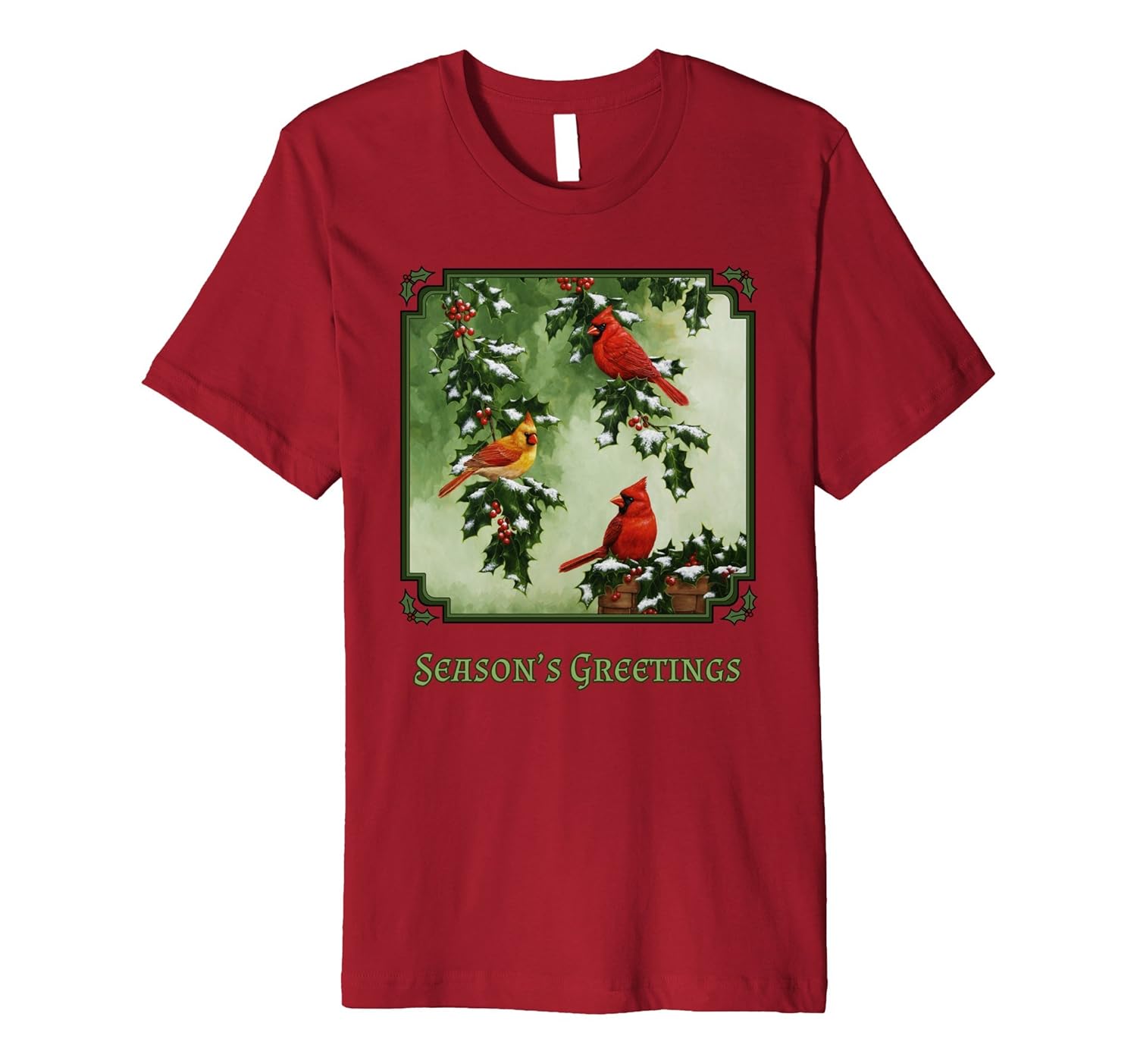 Red Cardinals and Christmas Holly T-shirt-ANZ