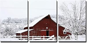 wall26 - 3 Piece Canvas Wall Art - Big Red Barn in The Snow - Modern Home Decor Stretched and Framed Ready to Hang - 24"x36"x3 Panels