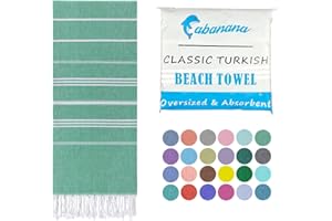 cabanana Cotton Turkish Beach Towel - Large 39 x 71 Inch Lightweight Oversized Peshtemal Towel, Portable Prewashed Hammam Towel (Mint Green)
