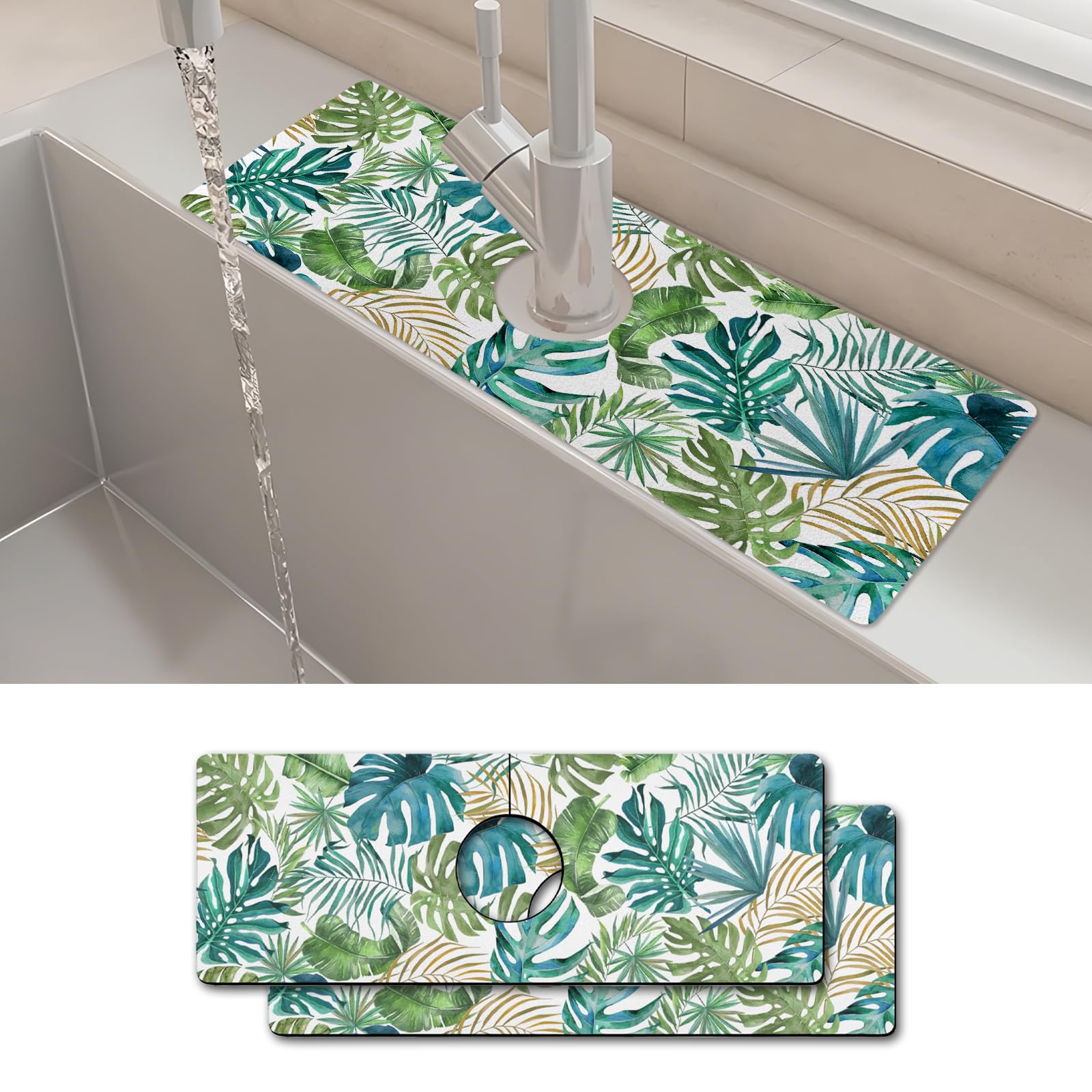 Photo 1 of 2PCS 15" X 5.5" Kitchen Sink Splash Guard Faucet Mat Leaf Super Absorbent Fast Drying Faucet Guard & Draining Mat Sink Splash Guard Behind Faucet for Kitchen, Bathroom