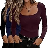 Huukeay 3 Pack Women's Long Sleeve T-Shirts, Scoop Neck Basic Crop Tops Ribbed Knit Y2k Shirts Slim Fit Fall Trendy Outfits