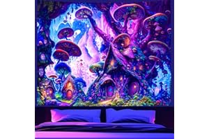 Atrippy Blacklight Mushroom Tapestry, UV Reactive Purple Trippy Black Light Tapestry for Bedroom Aesthetic, Fantasy Tree Decor Backdrop Wall Hanging for Living Room Dorm 51" X 60"