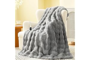 Amélie Home Heated Bubble Faux Fur Blanket Electric - 50"x60" Heating Blanket Throw 2/4/6/8 Hours Auto-Off 8 Heat Level Over-Heat Protection Electric ETL Certification Grey