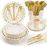 Fijinhom White and Gold Dot Paper Plates Set, 175 PCS Party Supplies, Disposable Dinnerware Set for 25 Guests, Gold Dot Paper Plates Napkins Cups Gold Plastic Forks Knives Spoons for Christmas
