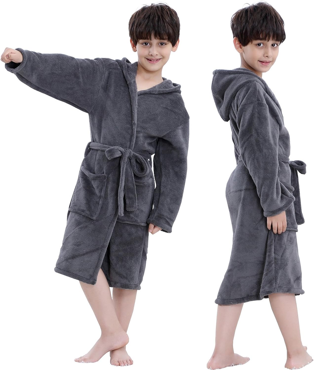 Hooded Herringbone Boy's Fleece Grey Soft Spa Kimono Long Robe, Kids Comfy Sleepwear Bathrobe(6-7 Year): Clothing