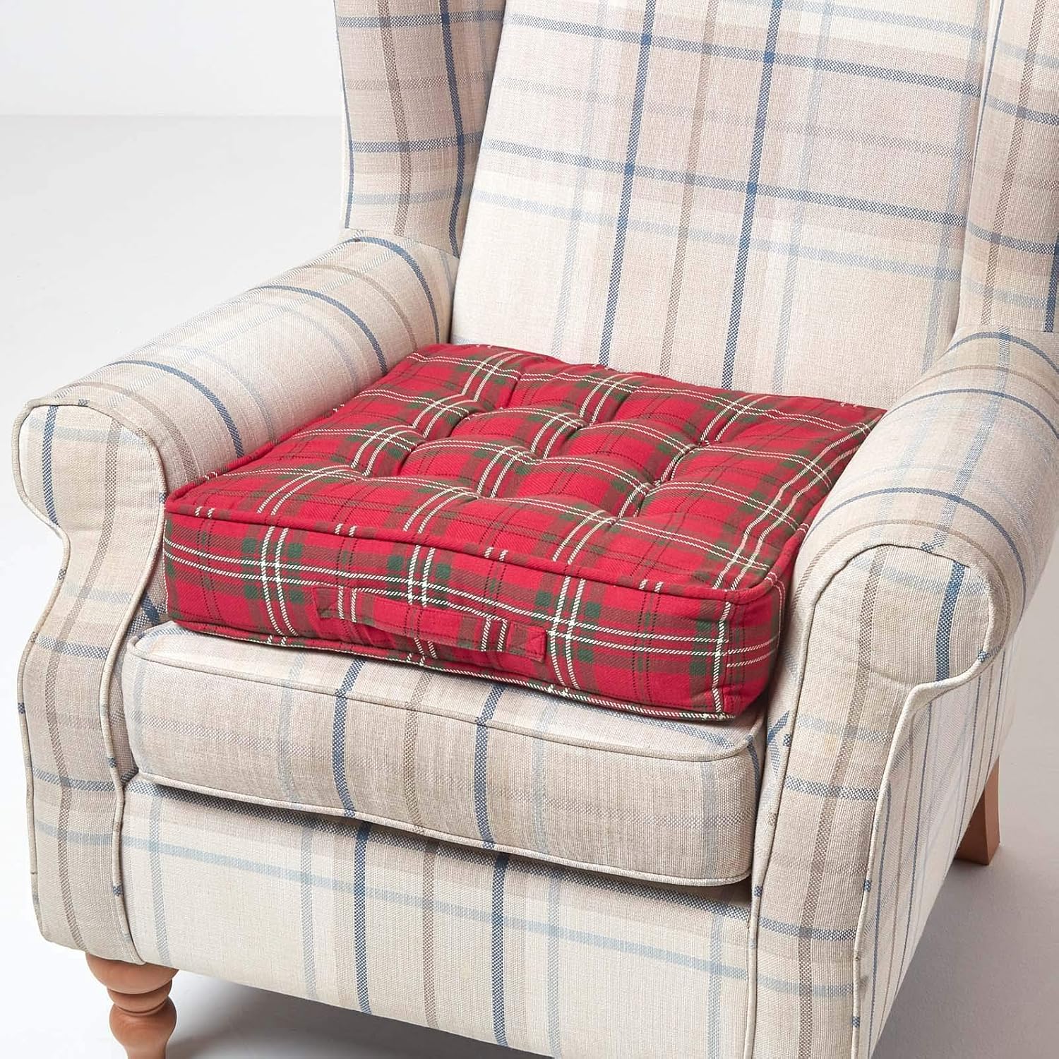 HOMESCAPES Red and Green Tartan Armchair Booster Cushion Large Firm 50
