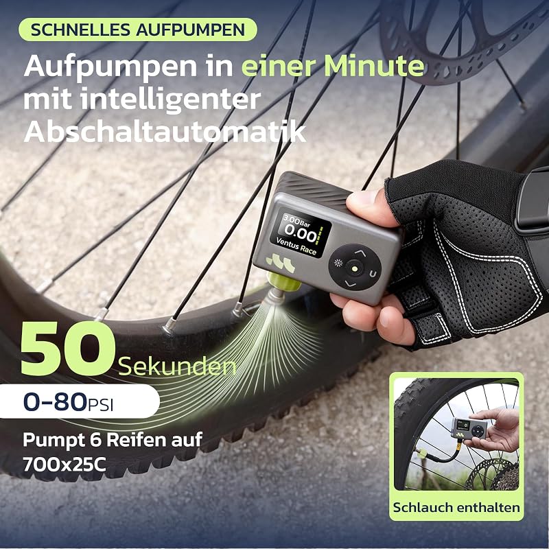 Mini Fahrradpumpe, 50 Sek, Presta Schrader, LED, 8.3 BAR