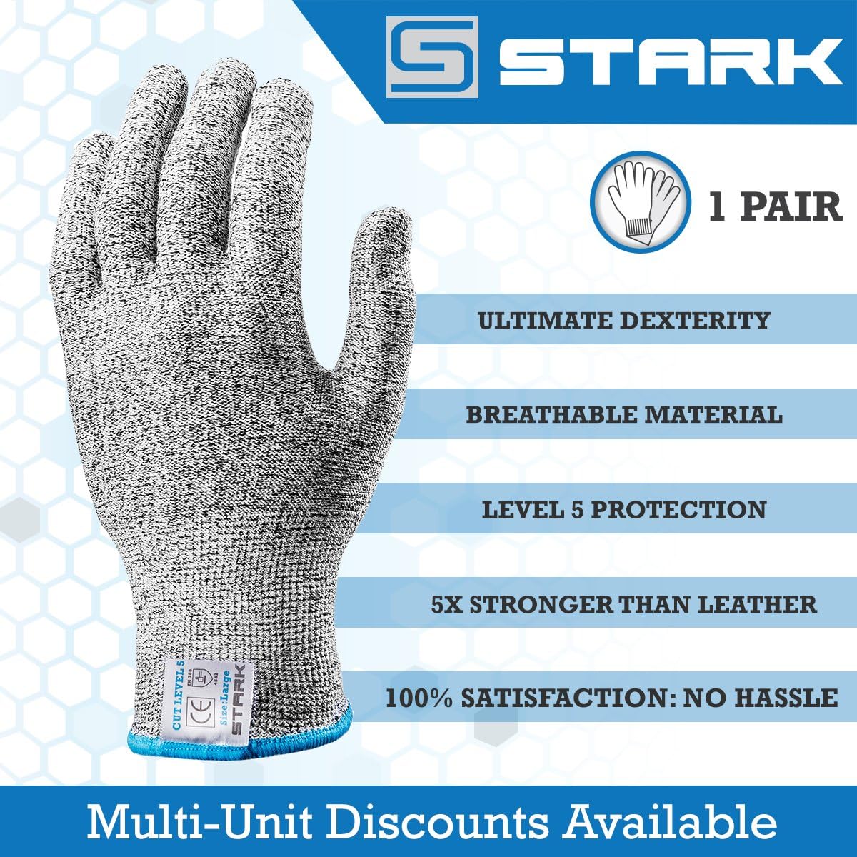 Stark Safe Cut Resistant Gloves (1 Pair) Food Grade Level 5 Protection, Safety Cutting Gloves for Kitchen, Mandolin Slicing, Fish Fillet, Oyster Shucking, Meat Cutting and Wood Carving - Large - - 