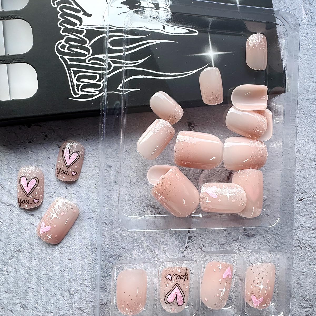 24Pcs Valentine's Press on Nails Short Square Heart Fake Nails Silver Glitter French Tip False Nails Pink Heart Artificial Nails Nude Full Cover Glue on Nails Valentines Stick on Nails for Women - Image 4