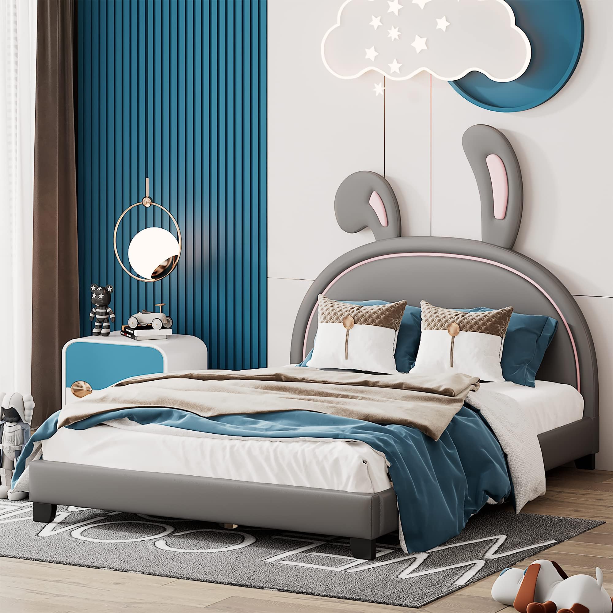 Photo 1 of **PARTS ONLY**Full Size Upholstered Bed Frame with Rabbit Ears Headboard, Sturdy Wood Slat Support, No Box Spring Needed, 79.5" l x 41.3" w, 250LBS Capacity for Bedroom, Grey