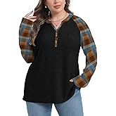 OLRIK Plus Size Tops for Women 2025 Fall Plaid Long Sleeve Henley Shirts Casual V Neck Button Tunic Tops