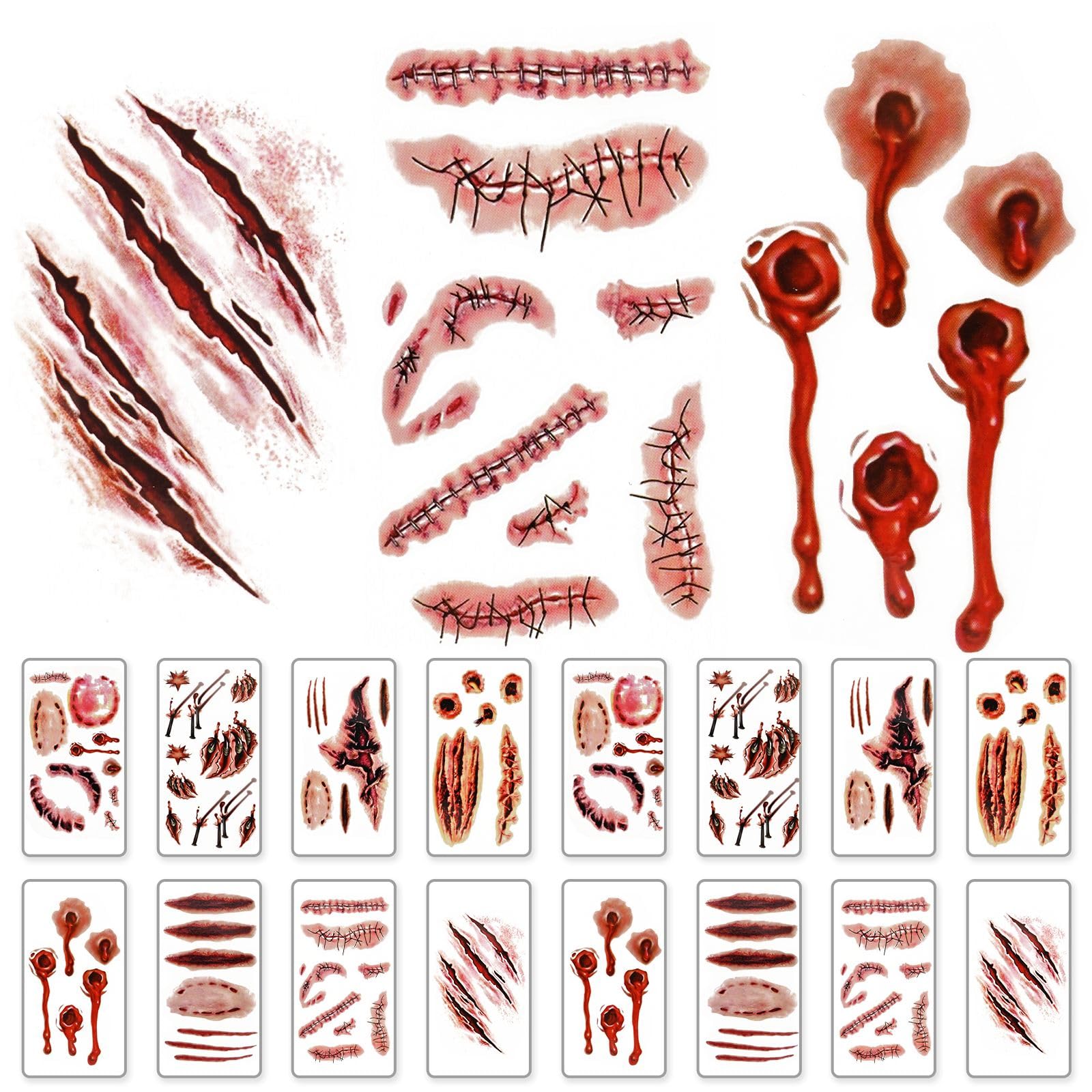 24 Sheets Halloween Temporary Tattoos, Halloween Scar tattoos Stickers with Fake Scab Zombie Tattoo Fake Scars Halloween Costume Makeup for Party Decoration Cosplay